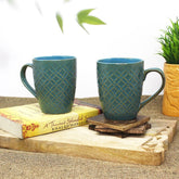 Handcrafted Teal Green Ceramic Coffee Mug Set Of 2 - 350ml Each | Ceramic Mugs For Coffee, Tea, Milk - Microwave Safe & Dishwasher Safe